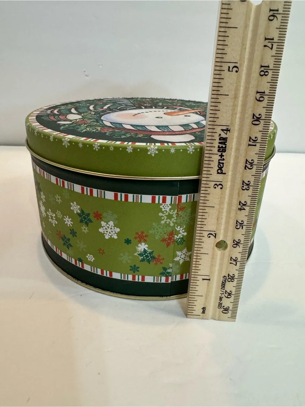 VTG Christmas Snowman Green Metal Tin Holiday Cookie Storage